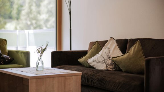 Ein gemütliches Wohnzimmer mit einem dunklen Sofa und dekorativen Kissen. Auf einem Holztisch steht eine kleine Glasvase mit einer Pflanze. - Apartment Waldesruh - Ochsengarten