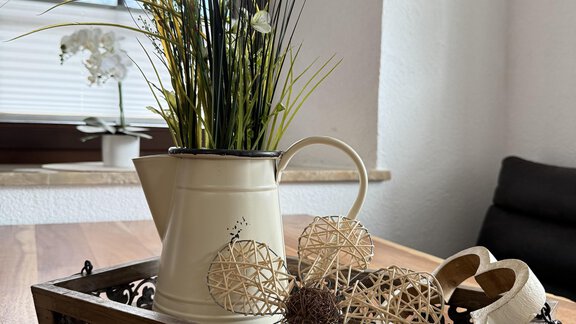 A decorative table with a wooden tray, a white jug, and artistic plants. It also contains decorative balls and a pair of shoes. - Apart Celina - Oetz