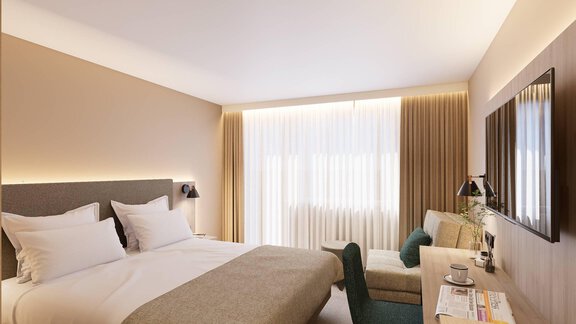 Ein modernes Hotelzimmer mit einem Doppelbett und einem gemütlichen Sitzbereich. Große Fenster lassen viel Licht herein und schaffen eine helle, einladende Atmosphäre. - Hotel Marko - Oetz