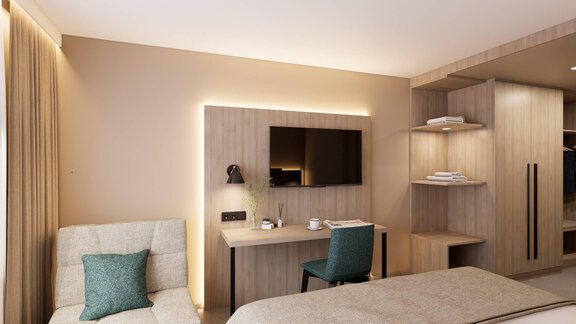 Ein modernes Hotelzimmer mit einem komfortablen Bett, einem Schreibtisch und einem Fernseher. Die warmen Farben und die elegante Einrichtung schaffen eine einladende Atmosphäre. - Hotel Marko - Oetz