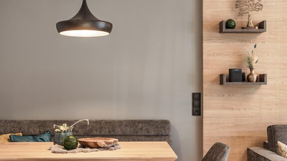 Ein modern eingerichteter Essbereich mit einem Holzstuhl und einer gemütlichen Holztafel. An der Wand hängen dekorative Regale mit Pflanzen und Dekorationsobjekten. - MYALPS Tirol - Oetz