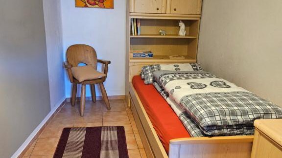 A simple bedroom with a single bed and a wooden shelf. A chair and a rug complete the furnishings. - Appartement Harmony - Sautens