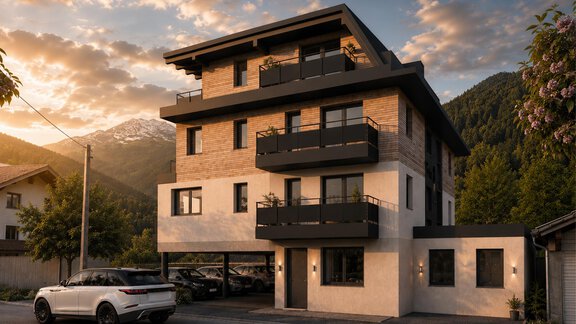 A modern multi-family house with a balcony and large windows. In the background, mountains and a beautiful sunset can be seen. - A CASA "Aventurin" - Sölden