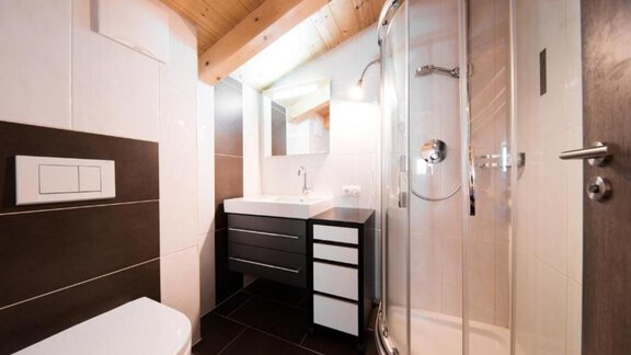 A modern bathroom with a shower, a sink, and a toilet. The room has light walls and a wooden ceiling, making it feel friendly and inviting. - Alpensweet - Sölden