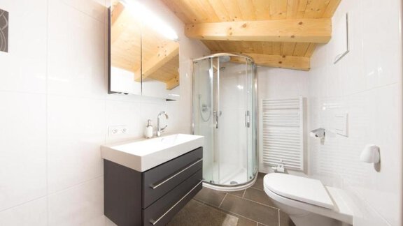 A modern bathroom with a wooden beam ceiling. It features a shower, a sink with a cabinet, and a toilet. - Alpensweet - Sölden