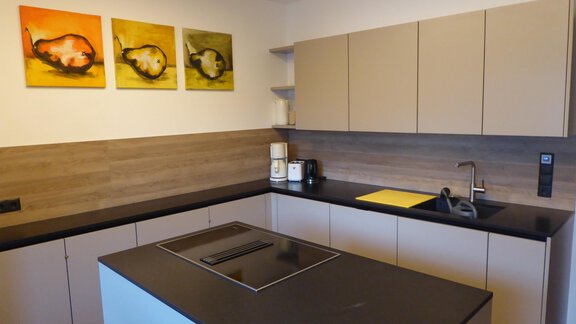 Eine moderne Küche mit hellen Schränken und einer schwarzen Arbeitsplatte. An der Wand hängen farbige Gemälde. - Apart 55 - Sölden