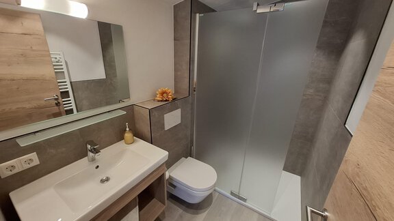 A modern bathroom with a shower and a sink. The walls are in neutral colors, and there are wooden details. - Apart 77 - Sölden