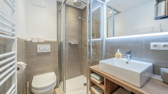 A modern bathroom with a shower cubicle and a large mirror. The decor is done in neutral colors and offers an elegant look. - Apart Hotel Garni Alt Kaisers - Sölden