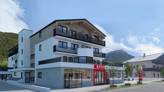 A modern building with a SPAR supermarket on the ground floor.  
Surrounded by a picturesque mountain landscape and clear blue sky. - Apartment Buggls - Sölden