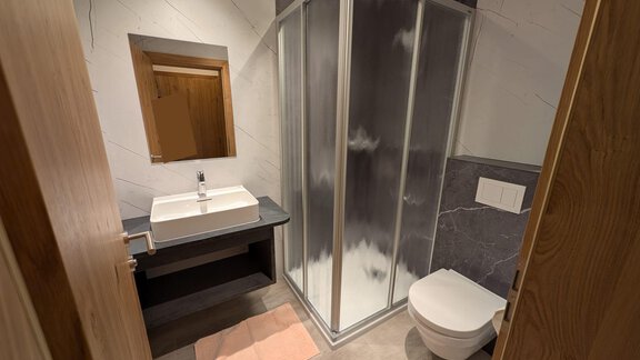 A modern bathroom with a shower, a sink, and a toilet. The walls are light and the decor is modern and functional. - Appt. Rosmarie - Sölden