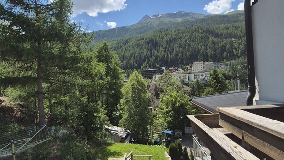 A picturesque view of mountains and forests under a blue sky with white clouds. In the foreground, a garden and a terrace can be seen. - Appt. Wildschütz - Sölden