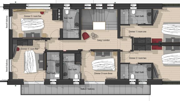 The image shows the floor plan of an apartment with several bedrooms and an open living area. The rooms are clearly arranged and well designed. - Chalet White Pearl by MYALPS - Sölden