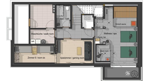 A clear floor plan of a house. The plan shows various rooms such as bedrooms, bathrooms, a playroom, and a wellness area. - Chalet White Pearl by MYALPS - Sölden