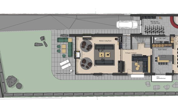 An architectural design of a building with various rooms. The design features modern elements and outdoor areas. - Chalet White Pearl by MYALPS - Sölden