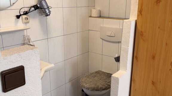 A small bathroom with a shower and a toilet. The walls are tiled and there is a wooden cabinet. - Ferienhaus Kaspers - Sölden