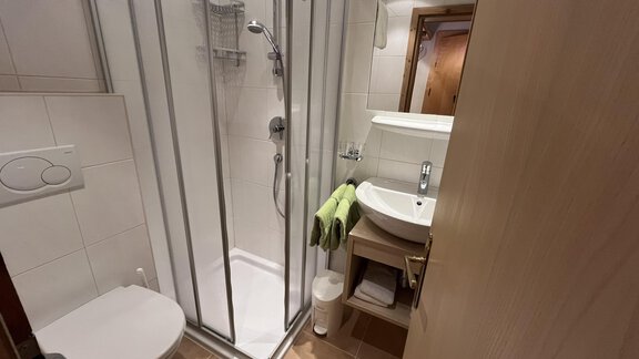 A modern bathroom with a shower, a sink, and a toilet. Towels in fresh shades of green complement the design. - Franzele Appartements & Zimmer - Sölden