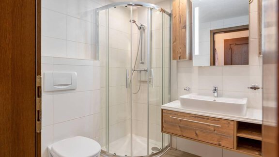 A modern bathroom with a shower and wooden details. The sink is elegant and the room feels bright and cheerful. - Garni Nadine - Sölden