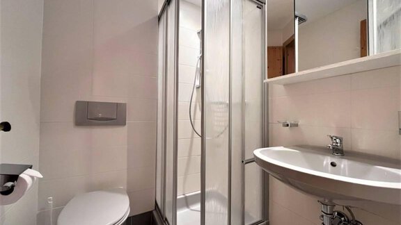 A modern bathroom with a shower and a sink. The walls are bright and the fixtures appear clean and functional. - Garni Nadine - Sölden