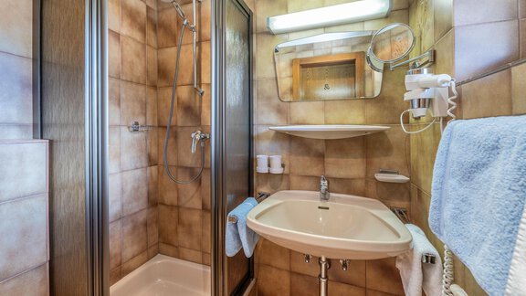 A small bathroom with a shower and a sink. The walls are in warm brown tones. - Gästehaus Maier - Sölden