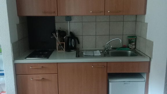 A small kitchen with wooden furniture and a sink. It is well equipped with a stove, kettle, and dishwasher. - Gästehaus Sternberger - Sölden