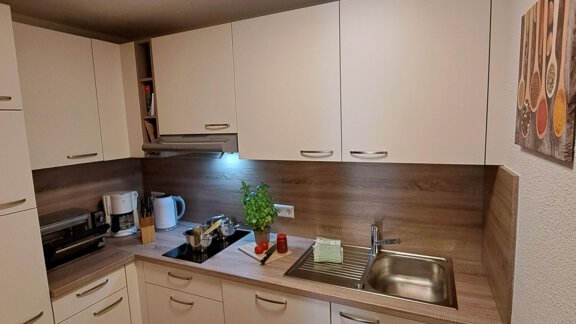 A modern kitchen with bright cabinets and wooden shelves. The countertop is clean and there are fresh plants on the table. - Gästeheim Schmiedhof - Sölden