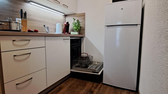 A modern kitchen with white cabinets and wood flooring. On the countertop, there are some kitchen utensils and plants. - Gästeheim Schmiedhof - Sölden