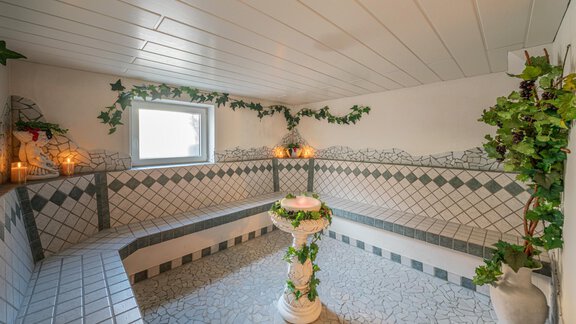 A relaxing wellness room with mosaic tiles and benches. Green plants and soft lighting create a calm atmosphere. - Haus Amaris - Sölden