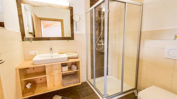 A modern bathroom with a glass shower and an elegant wooden vanity. The room is bright and designed in neutral colors. - Haus Edmund - Sölden