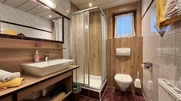 A modern bathroom with a shower, a sink, and a toilet. The walls are partially clad with wood and tiles, and there are towels in warm colors. - Haus Moosbichl - Sölden