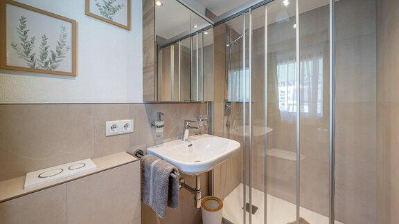 A modern bathroom with a shower and an elegant sink. The walls are kept neutral, and there are decorative plant pictures. - Haus Ulrich - Sölden