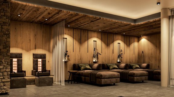A modern wellness area with wooden paneled walls and cozy lounge furniture. Soft lighting creates a relaxed atmosphere. - Hotel Garni Hainbacherhof - Sölden