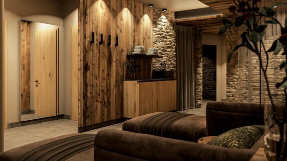 A modern space with wood and stone accents. Cozy seating and an inviting atmosphere. - Hotel Garni Hainbacherhof - Sölden