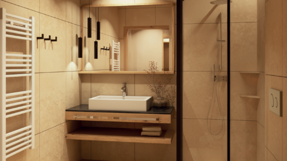 A modern bathroom with beige tiles, a stylish shower, and a sink on a wooden shelf. The lighting and the mirror create an inviting atmosphere. - Hotel Garni Hainbacherhof - Sölden