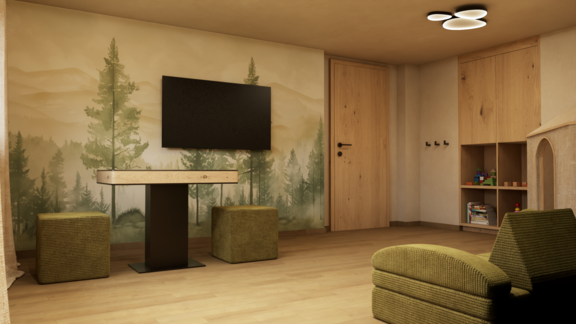 A modern room with a television and a wooden table. The walls are decorated with a forest pattern and there is comfortable furniture. - Hotel Garni Hainbacherhof - Sölden