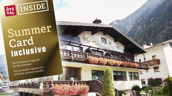 A traditional building in the mountains with blooming flowers on the balcony. A Summer Card is highlighted, offering exclusive benefits for the summer. - Hotel Sportpension Carinthia - Sölden