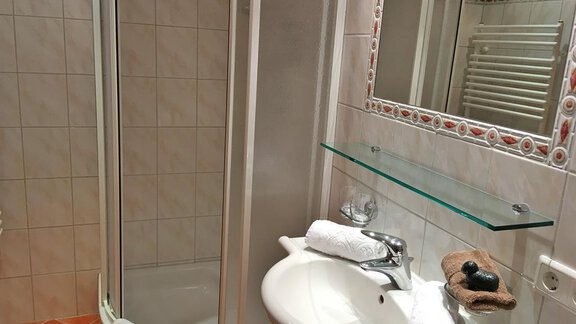 A bathroom with a shower cabin and a sink. The tiles are light, and the room is well organized. - Landhaus Vinzenz - Sölden
