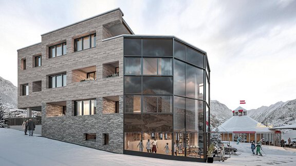 A modern building with large windows in a wintry landscape. Snow-covered mountains can be seen in the background. - Marco's Mountain Home - Sölden