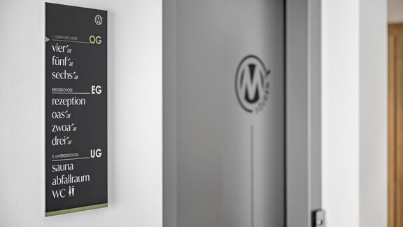 A signpost with various floor indications and rooms stands next to a gray door. The door has a stylized "W" on it. - Marco's Mountain Home - Sölden