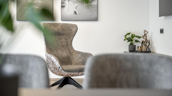 A beautiful, comfortable armchair stands in a modern room. In the background, plants and decorative pictures can be seen on the wall. - Marco's Mountain Home - Sölden