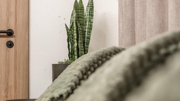 A modern bathroom with a plant and a sign for the toilet. Curtains and a wooden door give the room an elegant look. - Marco's Mountain Home - Sölden