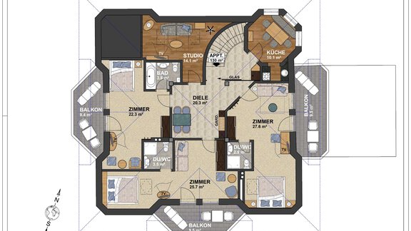 The image shows a floor plan of an apartment with several rooms, balconies, and a kitchen. Each room and the hallway are clearly marked. - Villa Castelbell - Sölden