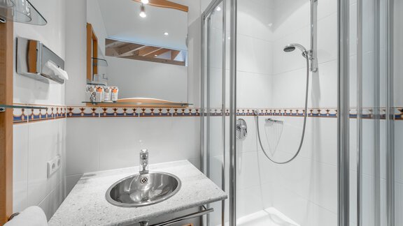 A modern bathroom with a shower and a sink. The walls are bright, and there is an elegant tile at the edge. - Villa Castelbell - Sölden