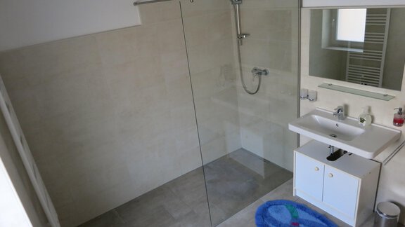 A modern bathroom with a glass shower and a sink. The floor is tiled in gray and a blue rug is placed in front of the sink. - Apart Martina - Umhausen