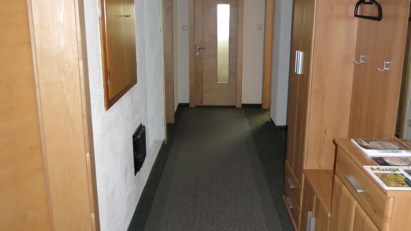 A narrow hallway with bright walls and wooden furniture. The door at the end of the hallway lets light in. - Apart Martina - Umhausen