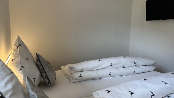Ein gemütliches Schlafzimmer mit zwei Betten und weißen Kissen. An der Wand befindet sich ein Fernseher. - BLANKA'S Apart Auszeit - Umhausen