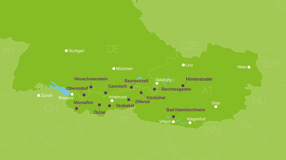 Eine Karte von Österreich und Teilen Deutschlands. Wichtige Städte und Regionen sind markiert. - Explorer Hotel Ötztal - Umhausen