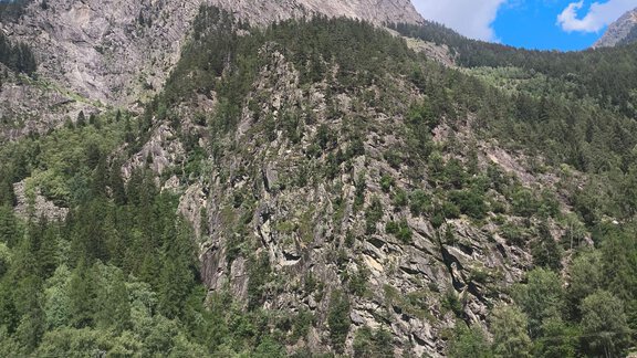 An impressive mountain landscape with green forests and steep rocks. The clear blue sky provides a beautiful view. - Ferienwohnung Martha - Umhausen