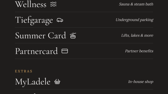 An overview of amenities and extras that are offered. This includes wellness, underground garage, and various card offers. - MYALPS Ötztal - Umhausen