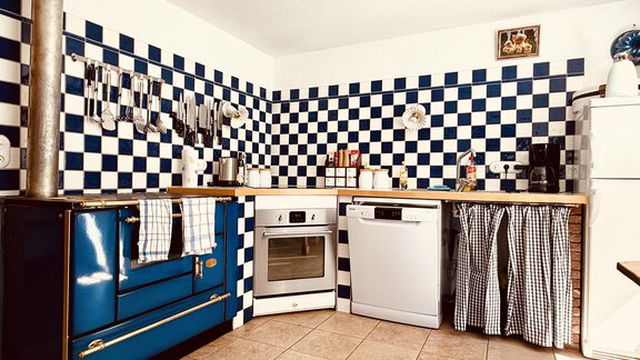 A cozy kitchen with blue and white tiles. It features a traditional stove, a modern oven, and a dishwasher. - Haus Freistabl - Vent
