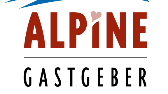 A logo with the lettering "ALPINE GASTGEBER" and a mountain motif. It also includes five edelweiss flowers and is designed in red, blue, and white. - Garni Ötztal ROOMS & APARTS - Zwieselstein